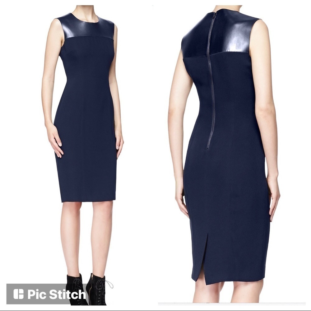 Sleek Navy Midi Sheath Dress with Faux Leather Yoke